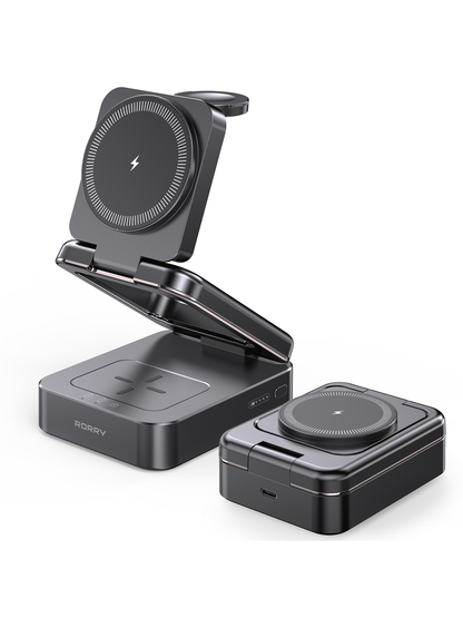 RORRY D18 10000mAh 3-in-1 Portable Charger with Power Bank, Foldable Wireless Charging Station for iPhone 16/15/14/13/12, Apple Watch & AirPods, MagSafe Compatible