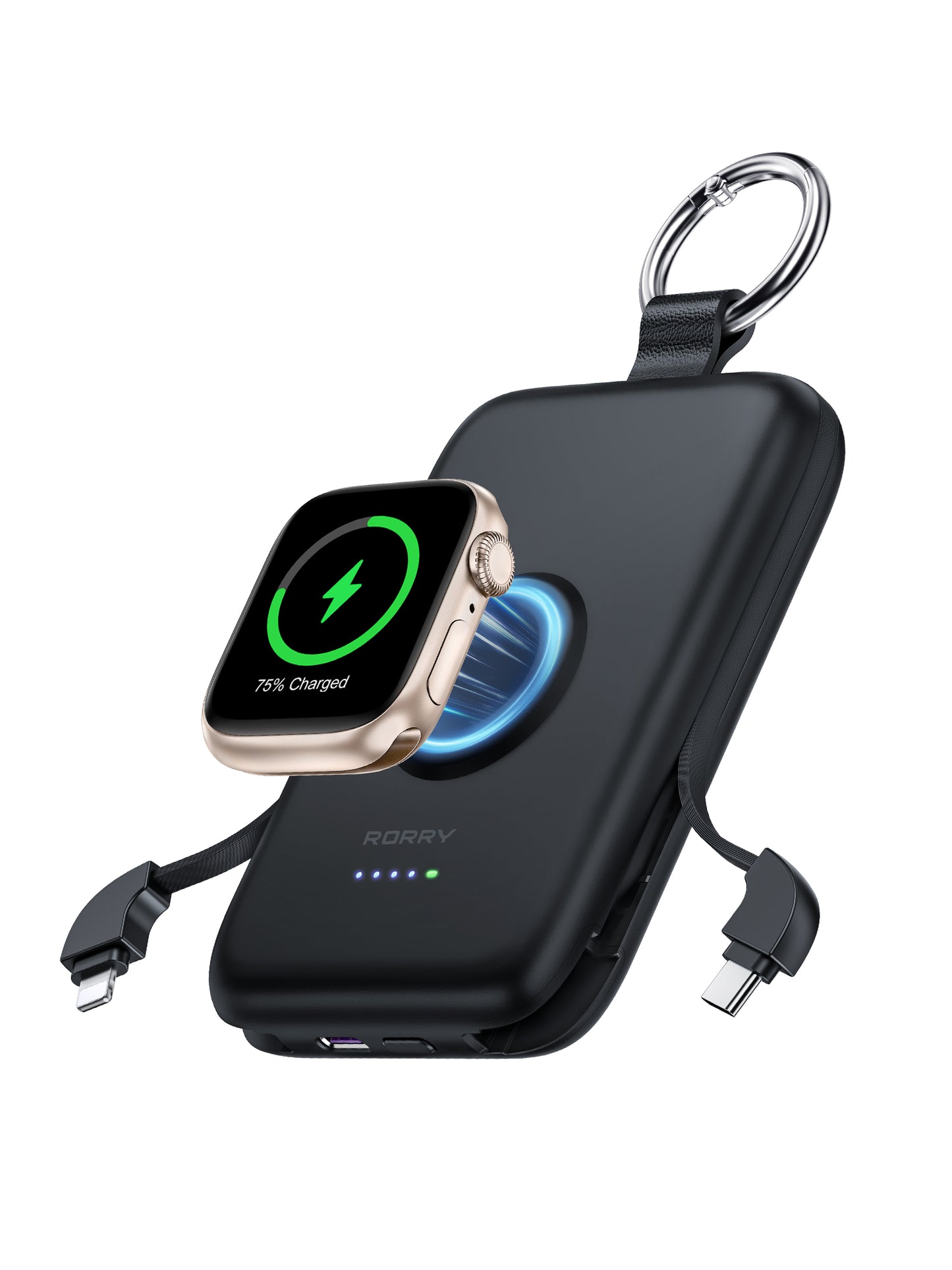 RORRY D2 10000mAh Portable Charger, 20W Fast Charging Portable Charger Power Bank with Built in Cables, Travel Battery Pack for iPhone 16/15/14/13/12 and Apple Watch Ultra/9/8/7/6/5/4/3/2