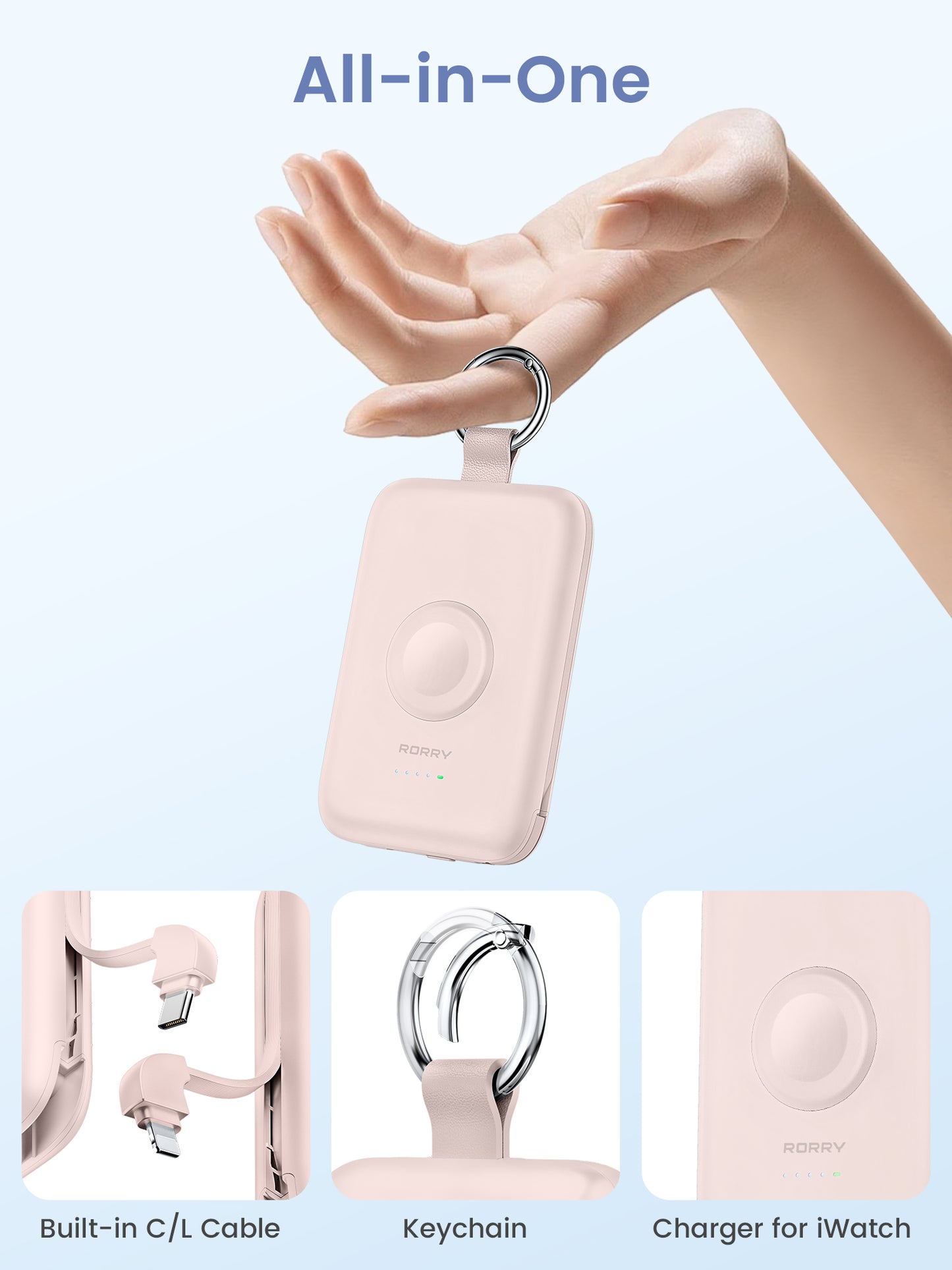 RORRY D2 10000mAh Portable Charger, 20W Fast Charging Portable Charger Power Bank with Built in Cables, Travel Battery Pack for iPhone 16/15/14/13/12 and Apple Watch Ultra/9/8/7/6/5/4/3/2