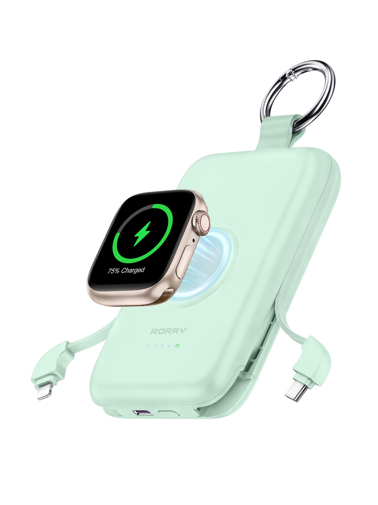 RORRY D2 10000mAh Portable Charger, 20W Fast Charging Portable Charger Power Bank with Built in Cables, Travel Battery Pack for iPhone 16/15/14/13/12 and Apple Watch Ultra/9/8/7/6/5/4/3/2