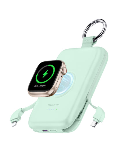 RORRY D2 10000mAh Portable Charger, 20W Fast Charging Portable Charger Power Bank with Built in Cables, Travel Battery Pack for iPhone 16/15/14/13/12 and Apple Watch Ultra/9/8/7/6/5/4/3/2