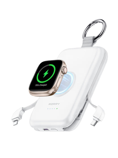 RORRY D2 10000mAh Portable Charger, 20W Fast Charging Portable Charger Power Bank with Built in Cables, Travel Battery Pack for iPhone 16/15/14/13/12 and Apple Watch Ultra/9/8/7/6/5/4/3/2