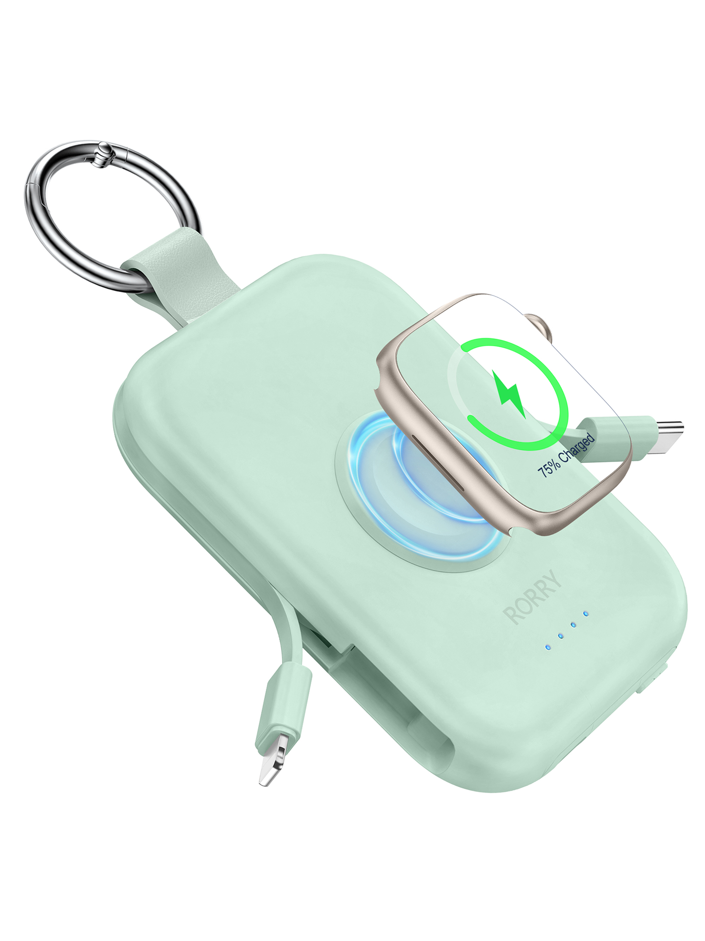 RORRY D2 5000mAh Portable Charger, Portable Charger Power Bank with Built-in Cables, Travel Keychain Battery Pack for Apple Watch Ultra 2/10/9/8/Ultra/7/6/SE/5, iPhone 16/15/14/13/12