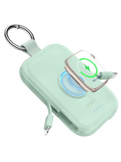 RORRY D2 5000mAh Portable Charger, Portable Charger Power Bank with Built-in Cables, Travel Keychain Battery Pack for Apple Watch Ultra 2/10/9/8/Ultra/7/6/SE/5, iPhone 16/15/14/13/12