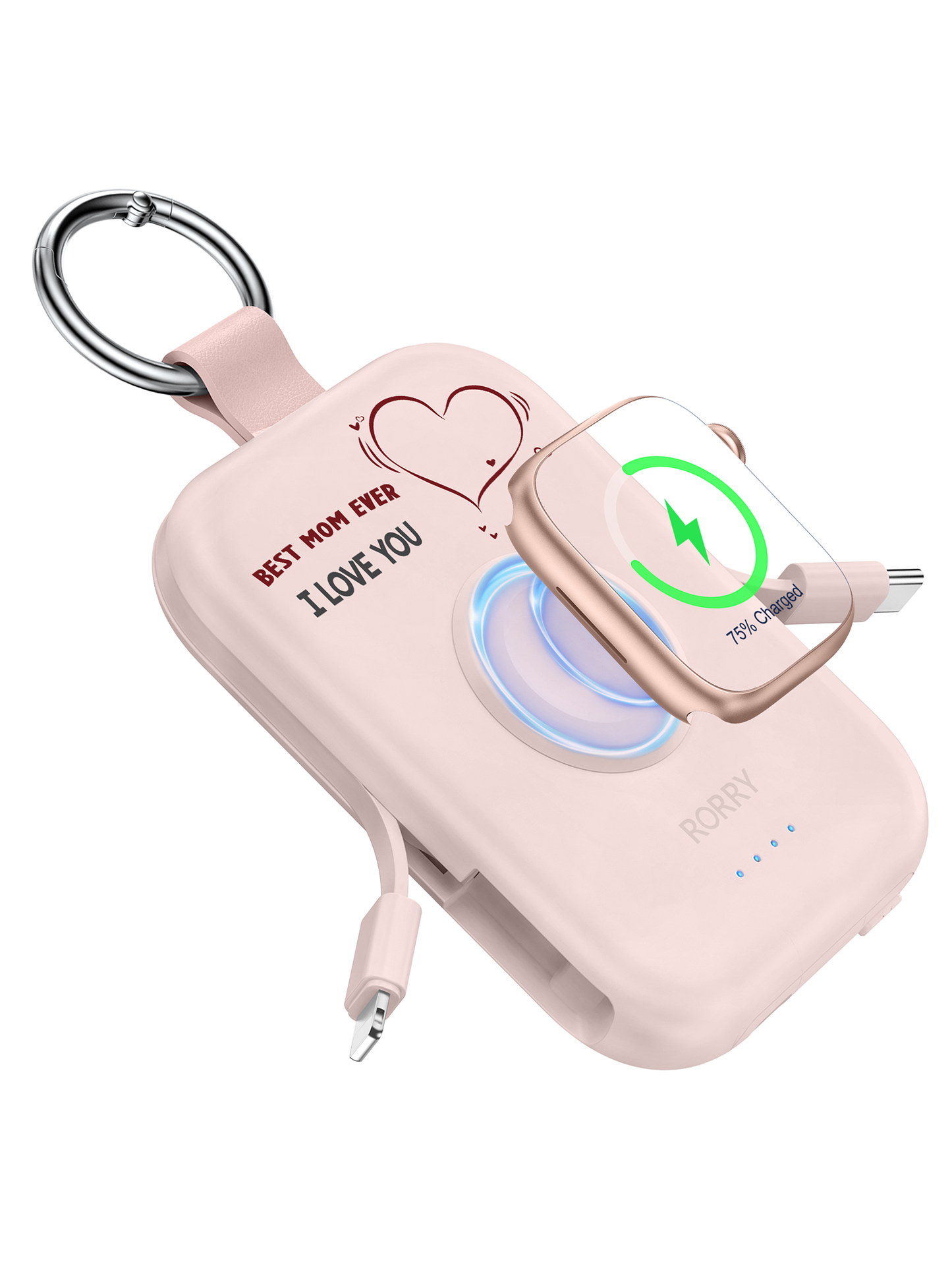 RORRY D2 5000mAh Portable Charger, Portable Charger Power Bank with Built-in Cables, Travel Keychain Battery Pack for Apple Watch Ultra 2/10/9/8/Ultra/7/6/SE/5, iPhone 16/15/14/13/12