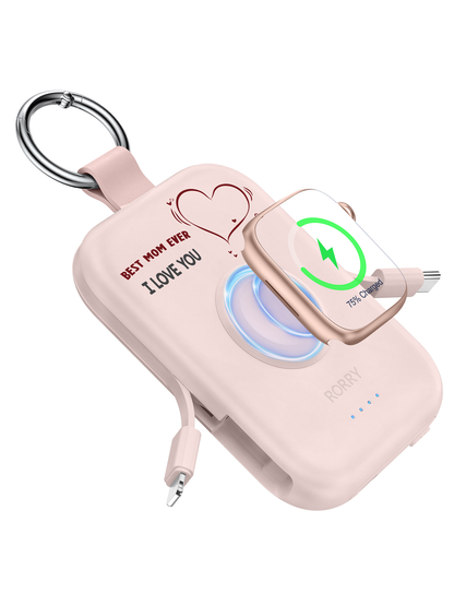 RORRY D2 5000mAh Portable Charger, Portable Charger Power Bank with Built-in Cables, Travel Keychain Battery Pack for Apple Watch Ultra 2/10/9/8/Ultra/7/6/SE/5, iPhone 16/15/14/13/12
