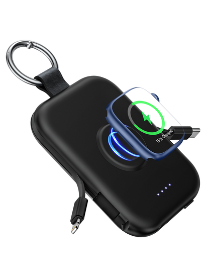RORRY D2 5000mAh Portable Charger, Portable Charger Power Bank with Built-in Cables, Travel Keychain Battery Pack for Apple Watch Ultra 2/10/9/8/Ultra/7/6/SE/5, iPhone 16/15/14/13/12