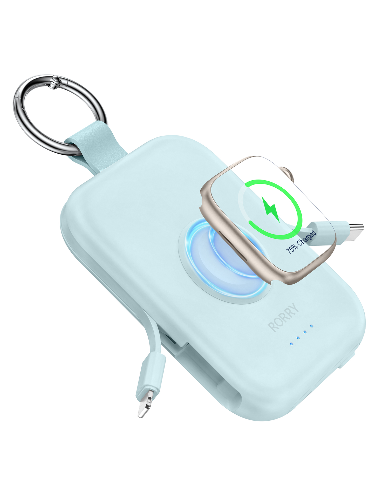 RORRY D2 5000mAh Portable Charger, Portable Charger Power Bank with Built-in Cables, Travel Keychain Battery Pack for Apple Watch Ultra 2/10/9/8/Ultra/7/6/SE/5, iPhone 16/15/14/13/12