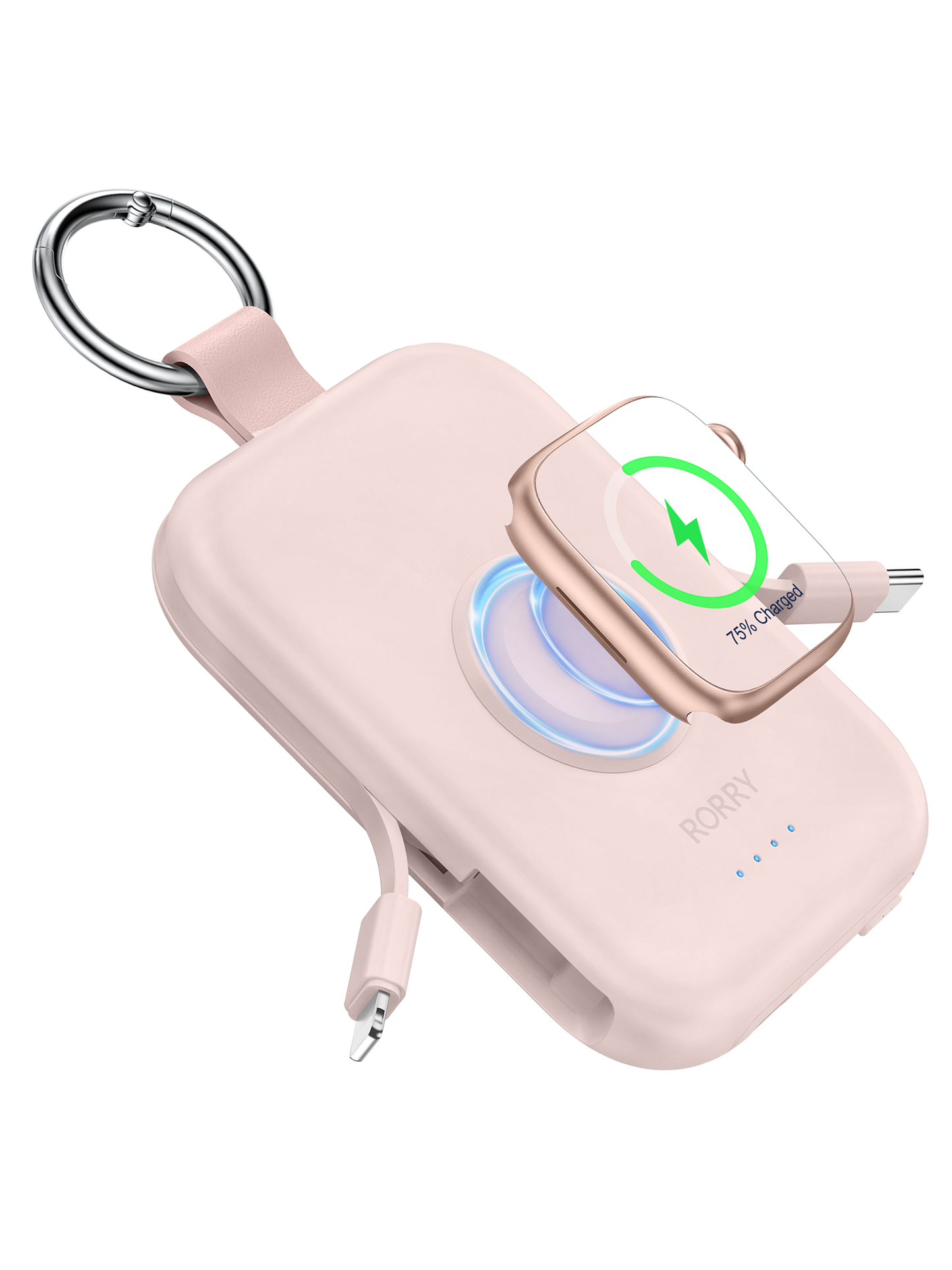 RORRY D2 5000mAh Portable Charger, Portable Charger Power Bank with Built-in Cables, Travel Keychain Battery Pack for Apple Watch Ultra 2/10/9/8/Ultra/7/6/SE/5, iPhone 16/15/14/13/12