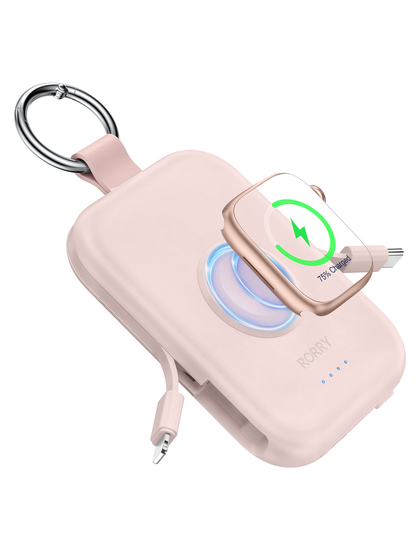 RORRY D2 5000mAh Portable Charger, Portable Charger Power Bank with Built-in Cables, Travel Keychain Battery Pack for Apple Watch Ultra 2/10/9/8/Ultra/7/6/SE/5, iPhone 16/15/14/13/12