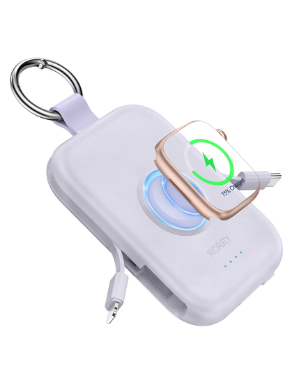RORRY D2 5000mAh Portable Charger, Portable Charger Power Bank with Built-in Cables, Travel Keychain Battery Pack for Apple Watch Ultra 2/10/9/8/Ultra/7/6/SE/5, iPhone 16/15/14/13/12