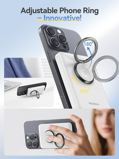 RORRY P1 10000mAh for Magsafe Battrery Pack, Magnetic Power Bank, 20W PD Fast Charging Wireless Portable Charger with Phone Ring for iPhone 16/15/14/13/12, Apple Watch Ultra/10/9/8/7/6/5/4//SE
