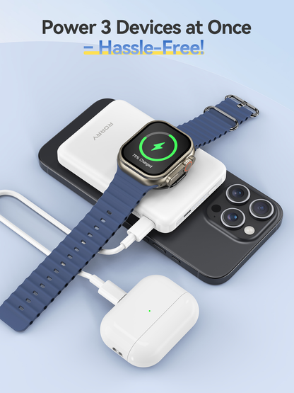 RORRY P1 10000mAh for Magsafe Battrery Pack, Magnetic Power Bank, 20W PD Fast Charging Wireless Portable Charger with Phone Ring for iPhone 16/15/14/13/12, Apple Watch Ultra/10/9/8/7/6/5/4//SE