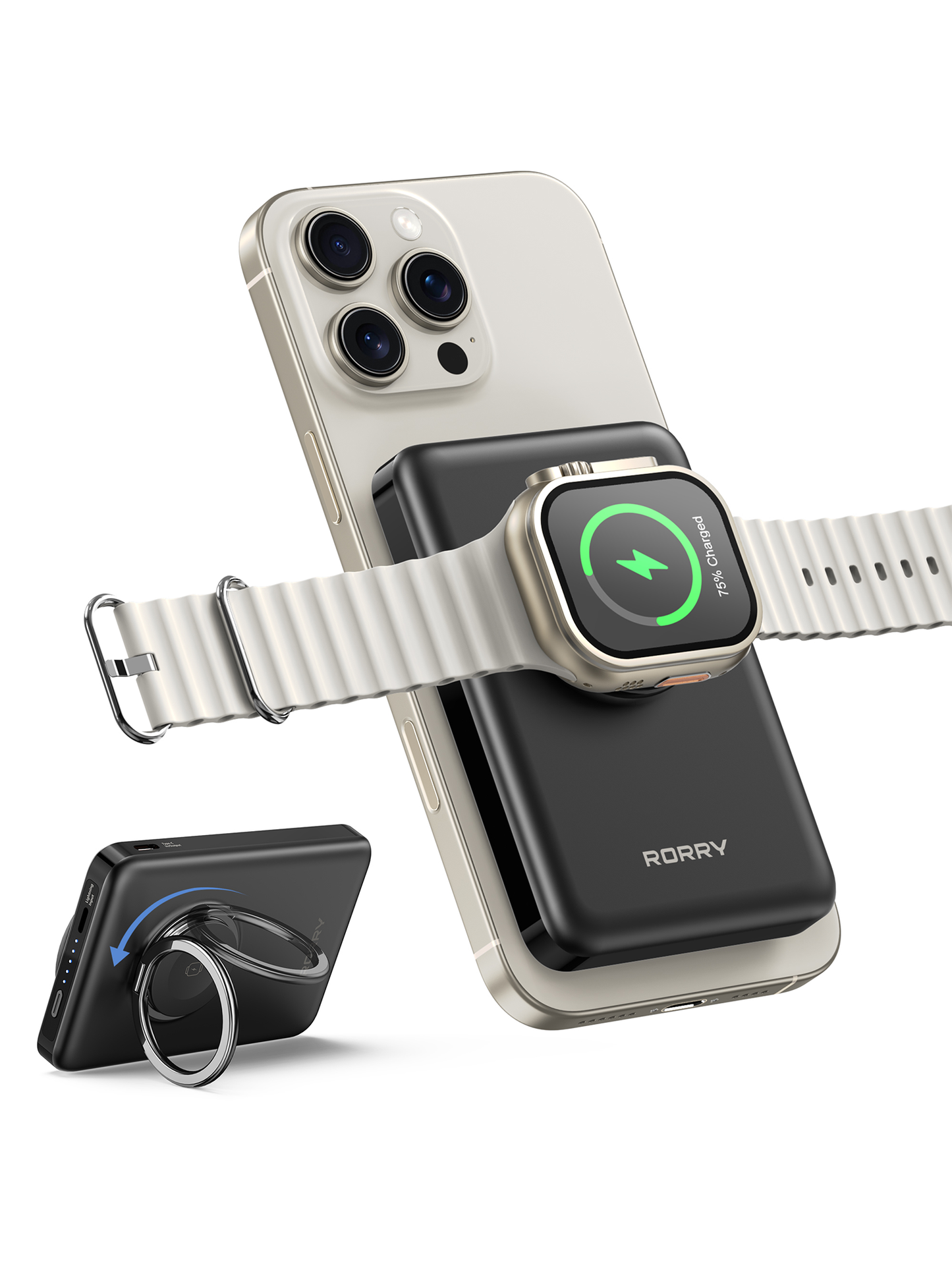 RORRY P1 10000mAh for Magsafe Battrery Pack, Magnetic Power Bank, 20W PD Fast Charging Wireless Portable Charger with Phone Ring for iPhone 16/15/14/13/12, Apple Watch Ultra/10/9/8/7/6/5/4//SE