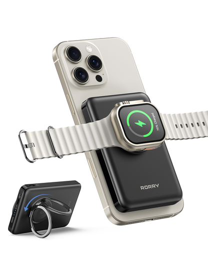 RORRY P1 10000mAh for Magsafe Battrery Pack, Magnetic Power Bank, 20W PD Fast Charging Wireless Portable Charger with Phone Ring for iPhone 16/15/14/13/12, Apple Watch Ultra/10/9/8/7/6/5/4//SE