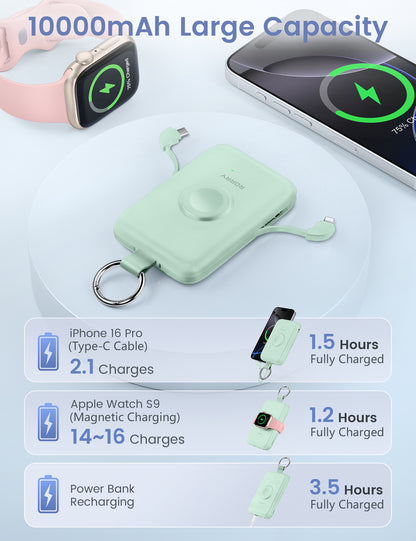 RORRY D2 10000mAh Portable Charger, 20W Fast Charging Portable Charger Power Bank with Built in Cables, Travel Battery Pack for iPhone 16/15/14/13/12 and Apple Watch Ultra/9/8/7/6/5/4/3/2