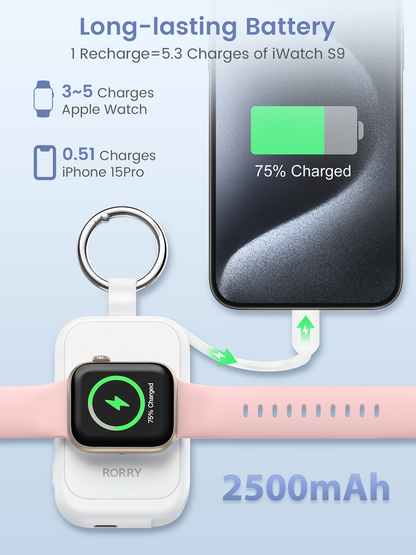 RORRY D2 2500mAh Portable Charger for Apple Watch, Fast Charging for iWatch Charger, Travel Essentials Gifts with Built-in USB C Cable for Apple Watch Series 10 9 8 7 6 5 Ultra 2 SE Accessories