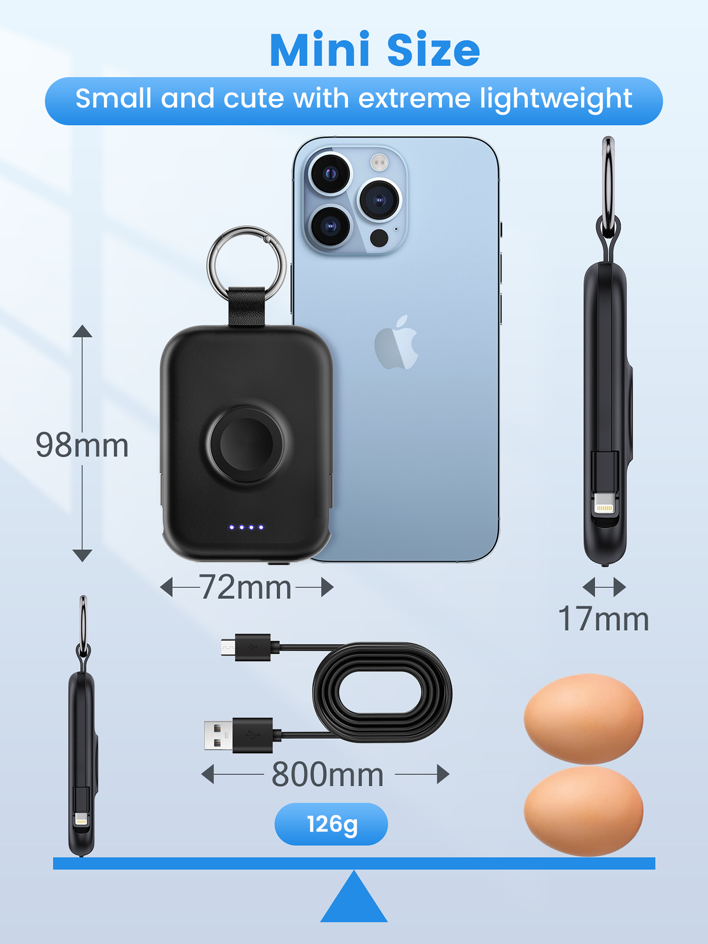 RORRY D2 5000mAh Portable Charger, Portable Charger Power Bank with Built-in Cables, Travel Keychain Battery Pack for Apple Watch Ultra 2/10/9/8/Ultra/7/6/SE/5, iPhone 16/15/14/13/12