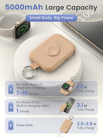 RORRY D2 5000mAh Portable Charger, Portable Charger Power Bank with Built-in Cables, Travel Keychain Battery Pack for Apple Watch Ultra 2/10/9/8/Ultra/7/6/SE/5, iPhone 16/15/14/13/12
