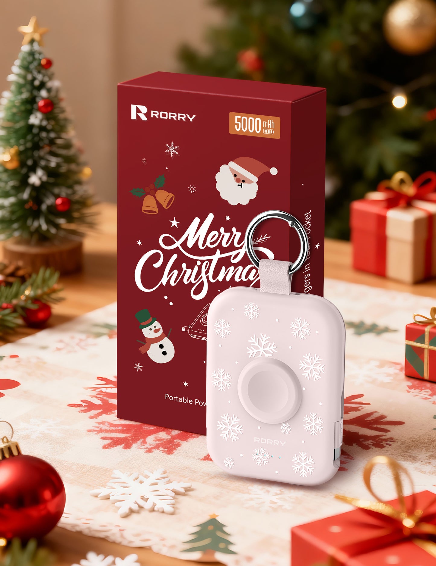 RORRY D2 5000mAh Portable Charger, Portable Charger Power Bank with Built-in Cables, Travel Keychain Battery Pack for Apple Watch Ultra 2/10/9/8/Ultra/7/6/SE/5, iPhone 16/15/14/13/12