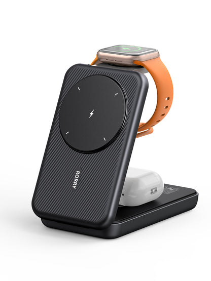 RORRY Portable Charger, 3-in-1 Charging Station 10000mAh Portable Charger Power Bank for MagSafe Foldable Battery Pack Travel for iPhone 16/15/14/13/12, for Apple Watch 10/9/8/7/6/5/Ultra/2