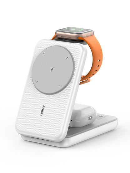 RORRY Portable Charger, 3-in-1 Charging Station 10000mAh Portable Charger Power Bank for MagSafe Foldable Battery Pack Travel for iPhone 16/15/14/13/12, for Apple Watch 10/9/8/7/6/5/Ultra/2