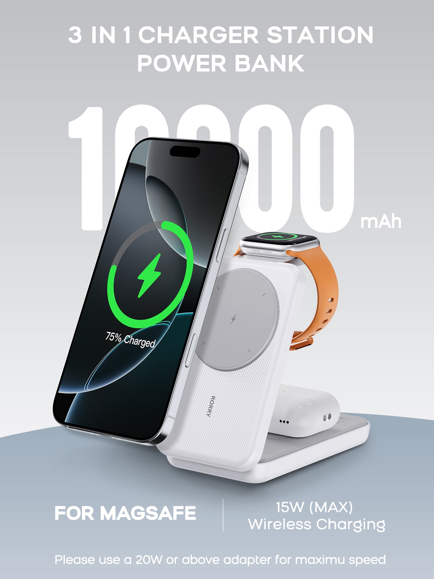 RORRY Portable Charger, 3-in-1 Charging Station 10000mAh Portable Charger Power Bank for MagSafe Foldable Battery Pack Travel for iPhone 16/15/14/13/12, for Apple Watch 10/9/8/7/6/5/Ultra/2