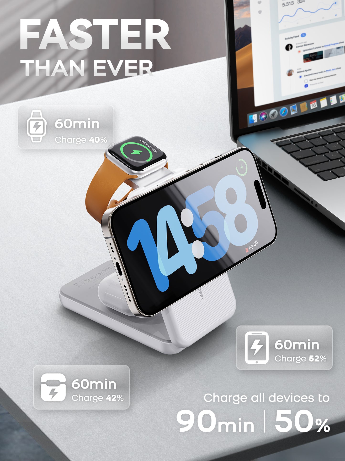 RORRY Portable Charger, 3-in-1 Charging Station 10000mAh Portable Charger Power Bank for MagSafe Foldable Battery Pack Travel for iPhone 16/15/14/13/12, for Apple Watch 10/9/8/7/6/5/Ultra/2