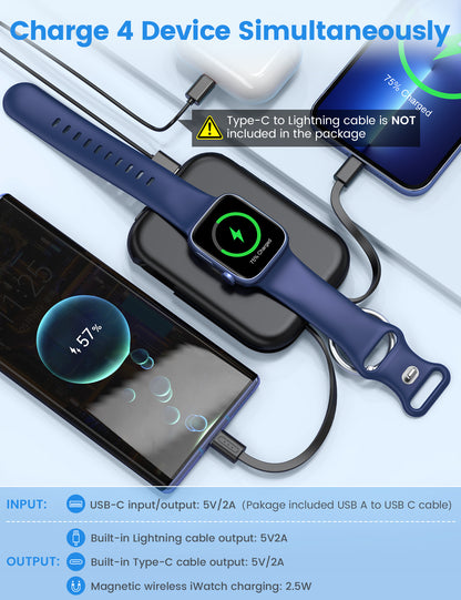 RORRY D2 5000mAh Portable Charger, Portable Charger Power Bank with Built-in Cables, Travel Keychain Battery Pack for Apple Watch Ultra 2/10/9/8/Ultra/7/6/SE/5, iPhone 16/15/14/13/12