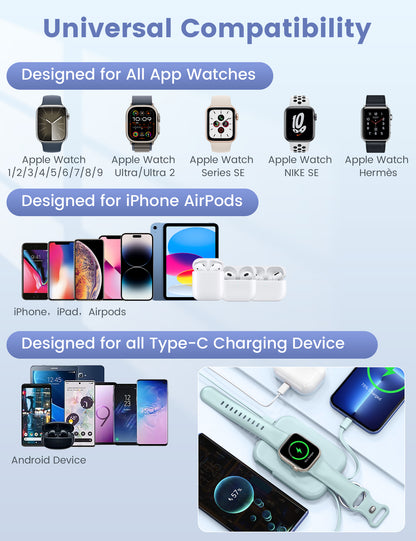 RORRY D2 5000mAh Portable Charger, Portable Charger Power Bank with Built-in Cables, Travel Keychain Battery Pack for Apple Watch Ultra 2/10/9/8/Ultra/7/6/SE/5, iPhone 16/15/14/13/12