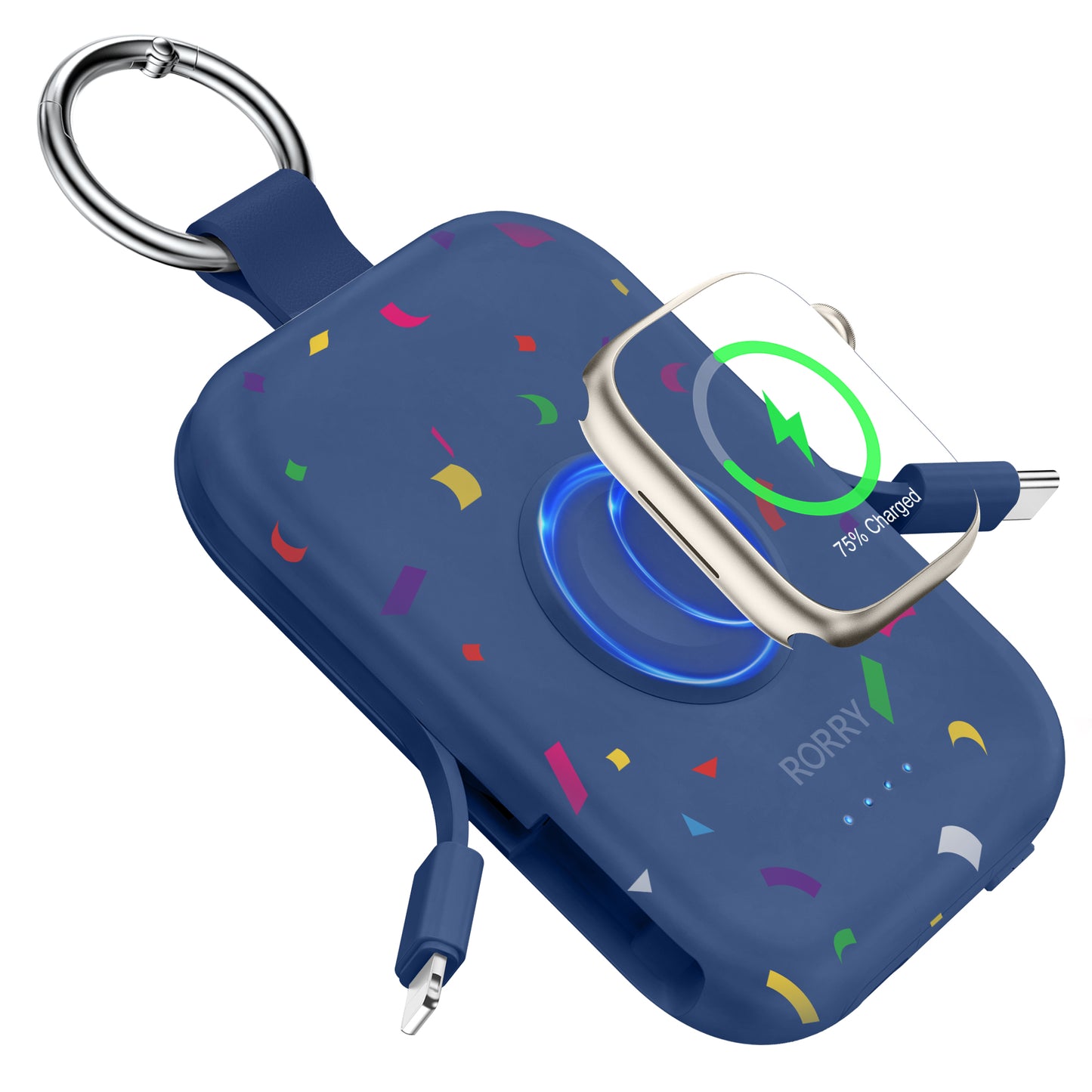 RORRY D2 5000mAh Portable Charger, Portable Charger Power Bank with Built-in Cables, Travel Keychain Battery Pack for Apple Watch Ultra 2/10/9/8/Ultra/7/6/SE/5, iPhone 16/15/14/13/12