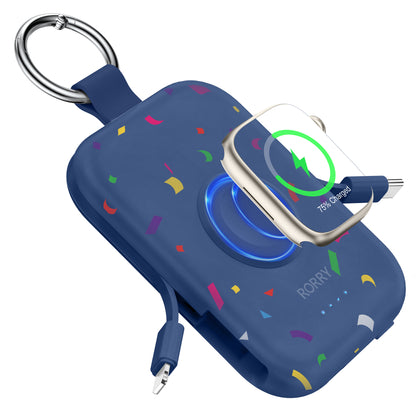 RORRY D2 5000mAh Portable Charger, Portable Charger Power Bank with Built-in Cables, Travel Keychain Battery Pack for Apple Watch Ultra 2/10/9/8/Ultra/7/6/SE/5, iPhone 16/15/14/13/12