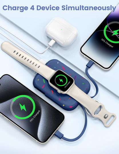 RORRY D2 5000mAh Portable Charger, Portable Charger Power Bank with Built-in Cables, Travel Keychain Battery Pack for Apple Watch Ultra 2/10/9/8/Ultra/7/6/SE/5, iPhone 16/15/14/13/12