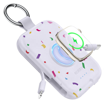 RORRY D2 5000mAh Portable Charger, Portable Charger Power Bank with Built-in Cables, Travel Keychain Battery Pack for Apple Watch Ultra 2/10/9/8/Ultra/7/6/SE/5, iPhone 16/15/14/13/12