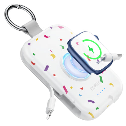 RORRY D2 5000mAh Portable Charger, Portable Charger Power Bank with Built-in Cables, Travel Keychain Battery Pack for Apple Watch Ultra 2/10/9/8/Ultra/7/6/SE/5, iPhone 16/15/14/13/12