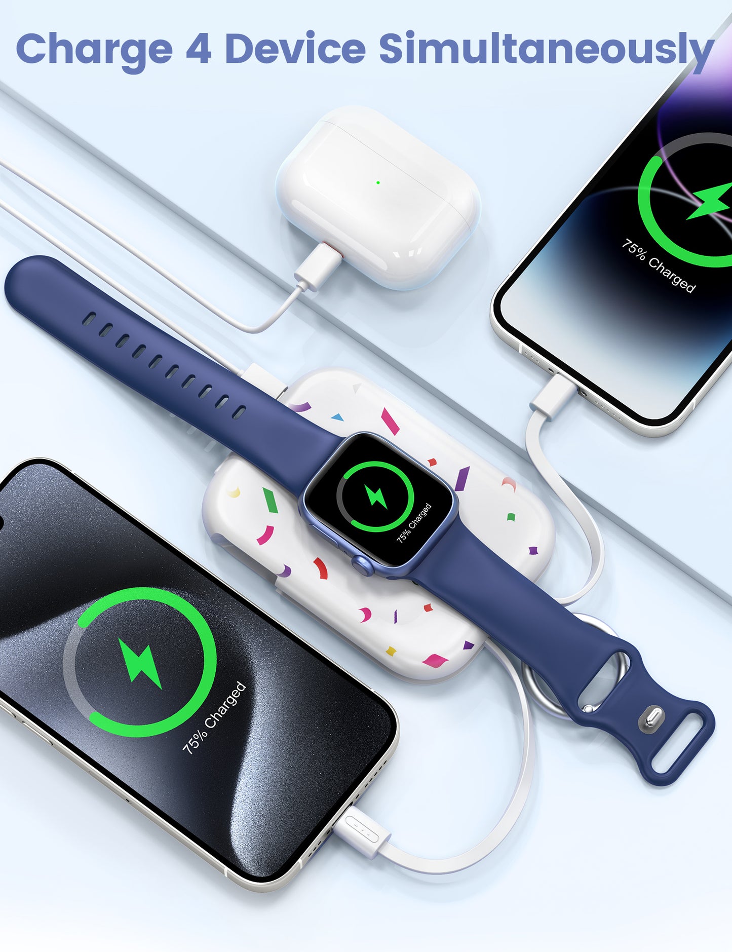 RORRY D2 5000mAh Portable Charger, Portable Charger Power Bank with Built-in Cables, Travel Keychain Battery Pack for Apple Watch Ultra 2/10/9/8/Ultra/7/6/SE/5, iPhone 16/15/14/13/12