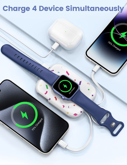 RORRY D2 5000mAh Portable Charger, Portable Charger Power Bank with Built-in Cables, Travel Keychain Battery Pack for Apple Watch Ultra 2/10/9/8/Ultra/7/6/SE/5, iPhone 16/15/14/13/12