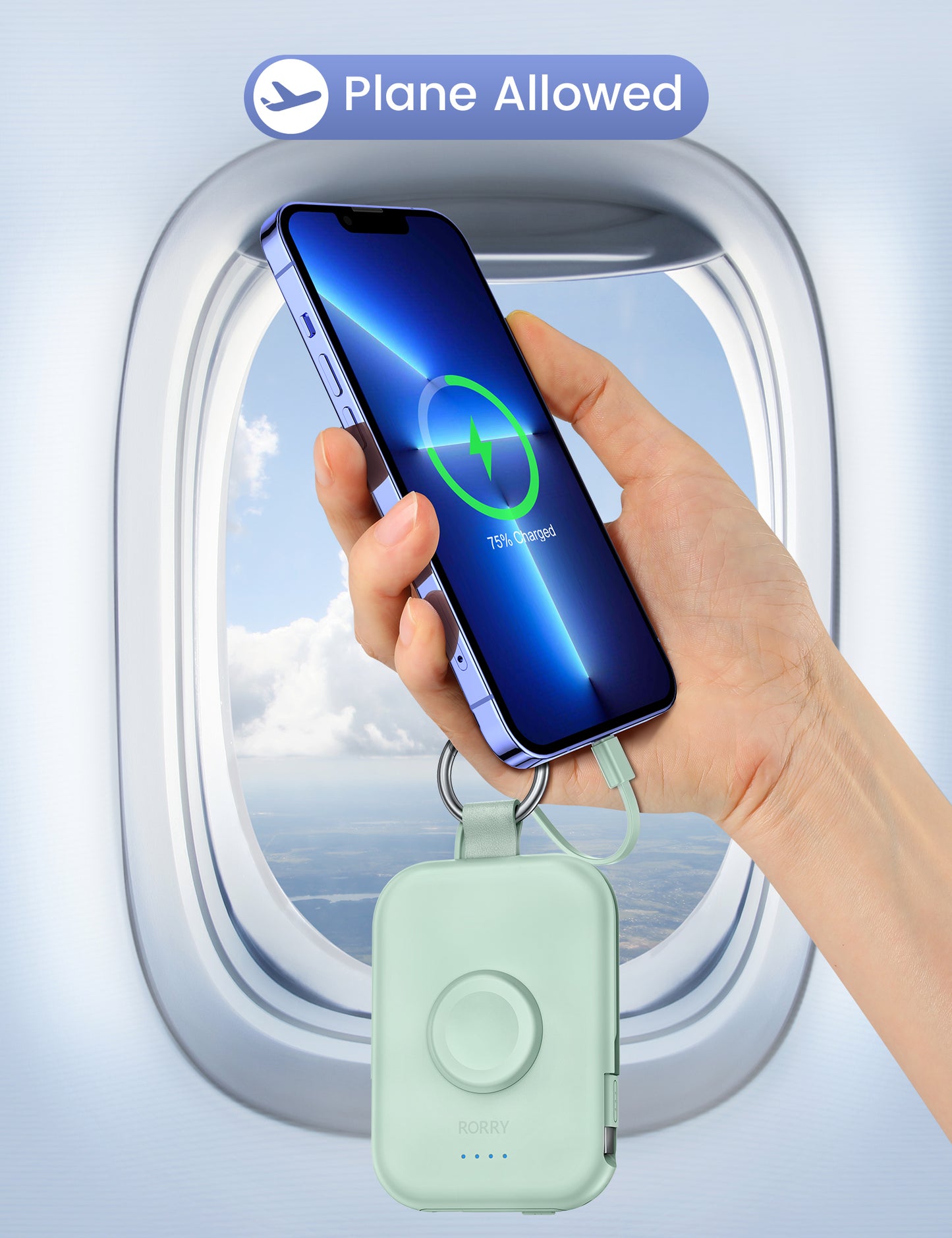 RORRY D2 5000mAh Portable Charger, Portable Charger Power Bank with Built-in Cables, Travel Keychain Battery Pack for Apple Watch Ultra 2/10/9/8/Ultra/7/6/SE/5, iPhone 16/15/14/13/12