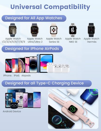 RORRY D2 5000mAh Portable Charger, Portable Charger Power Bank with Built-in Cables, Travel Keychain Battery Pack for Apple Watch Ultra 2/10/9/8/Ultra/7/6/SE/5, iPhone 16/15/14/13/12