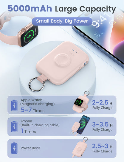 RORRY D2 5000mAh Portable Charger, Portable Charger Power Bank with Built-in Cables, Travel Keychain Battery Pack for Apple Watch Ultra 2/10/9/8/Ultra/7/6/SE/5, iPhone 16/15/14/13/12