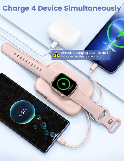 RORRY D2 5000mAh Portable Charger, Portable Charger Power Bank with Built-in Cables, Travel Keychain Battery Pack for Apple Watch Ultra 2/10/9/8/Ultra/7/6/SE/5, iPhone 16/15/14/13/12