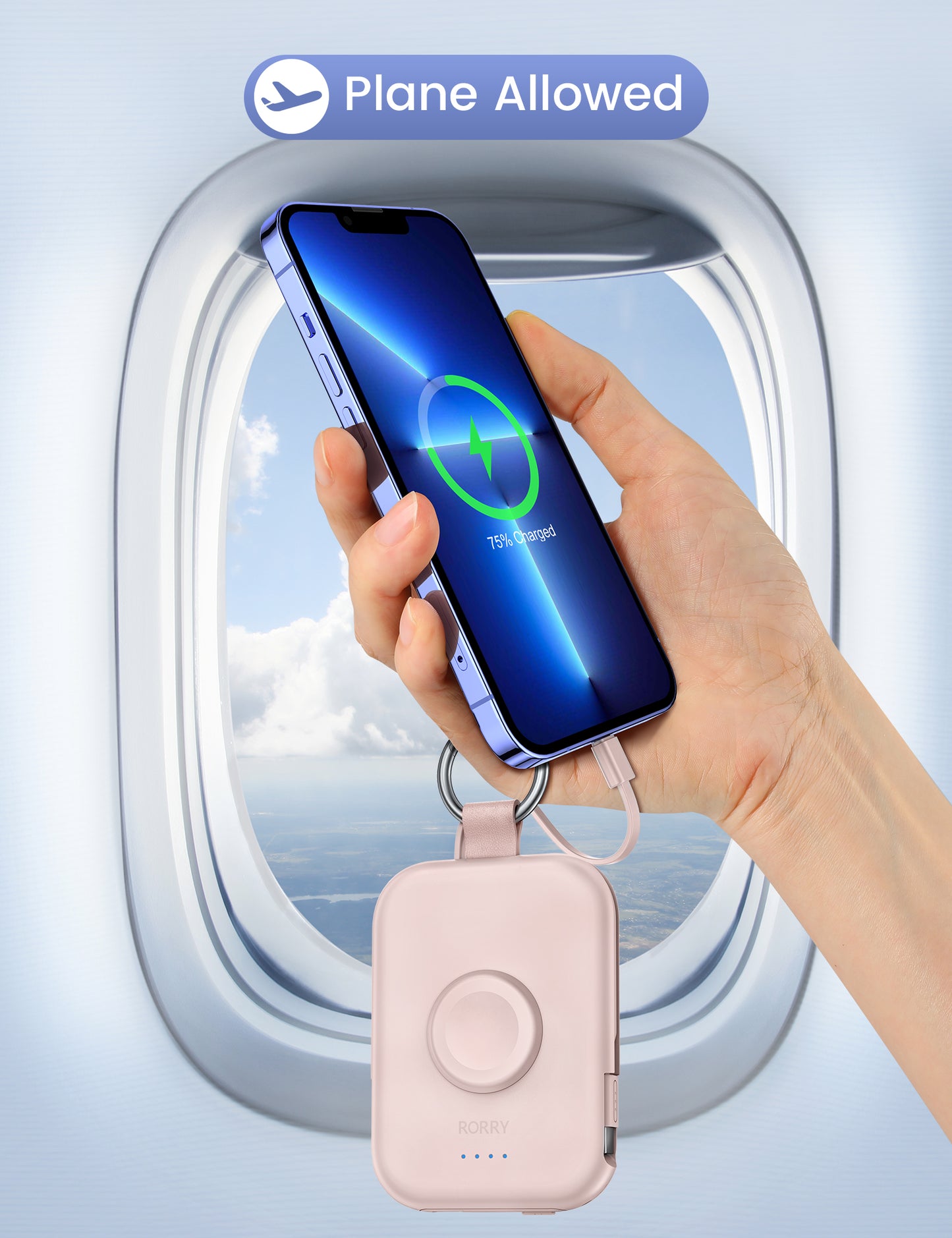 RORRY D2 5000mAh Portable Charger, Portable Charger Power Bank with Built-in Cables, Travel Keychain Battery Pack for Apple Watch Ultra 2/10/9/8/Ultra/7/6/SE/5, iPhone 16/15/14/13/12