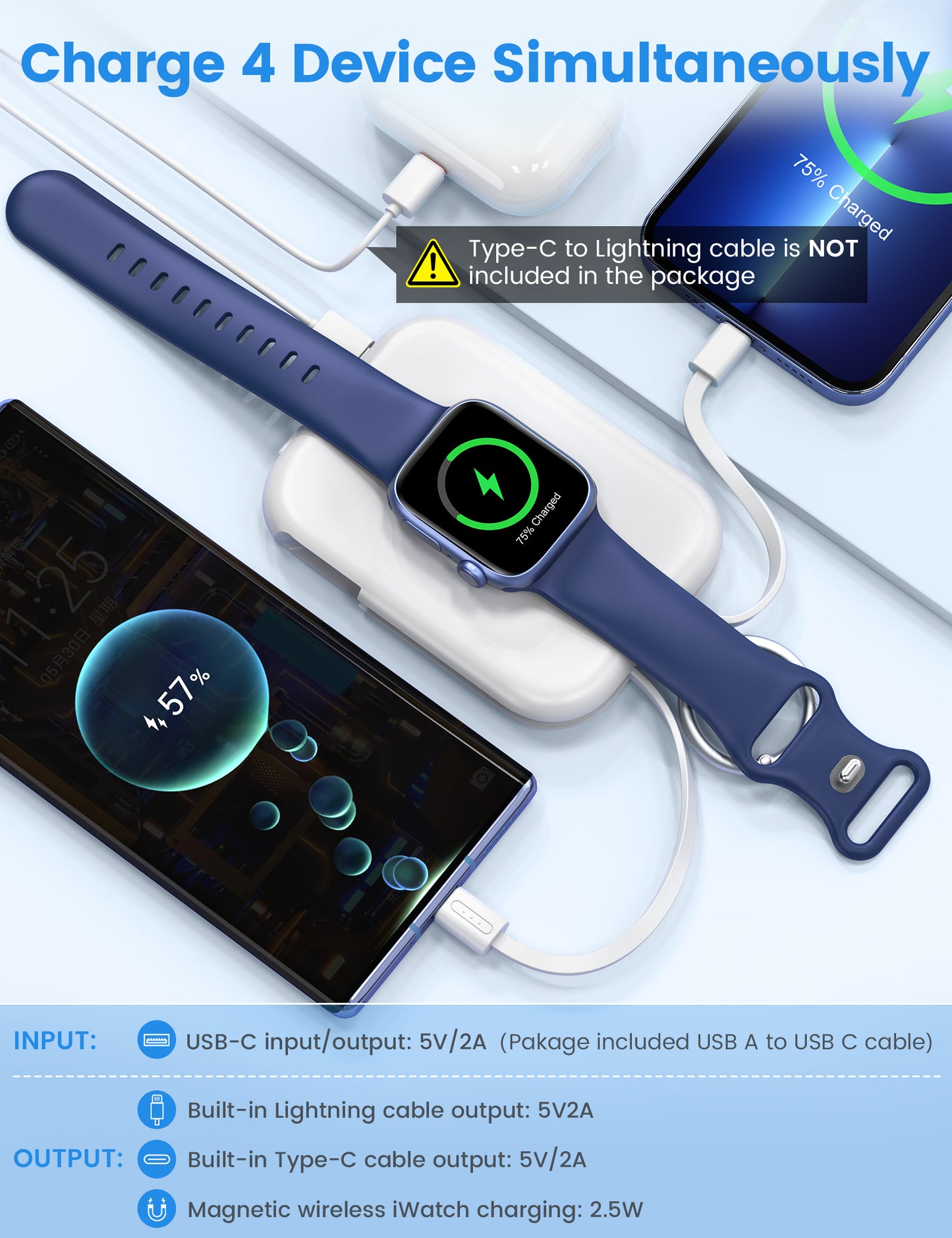 RORRY D2 5000mAh Portable Charger, Portable Charger Power Bank with Built-in Cables, Travel Keychain Battery Pack for Apple Watch Ultra 2/10/9/8/Ultra/7/6/SE/5, iPhone 16/15/14/13/12