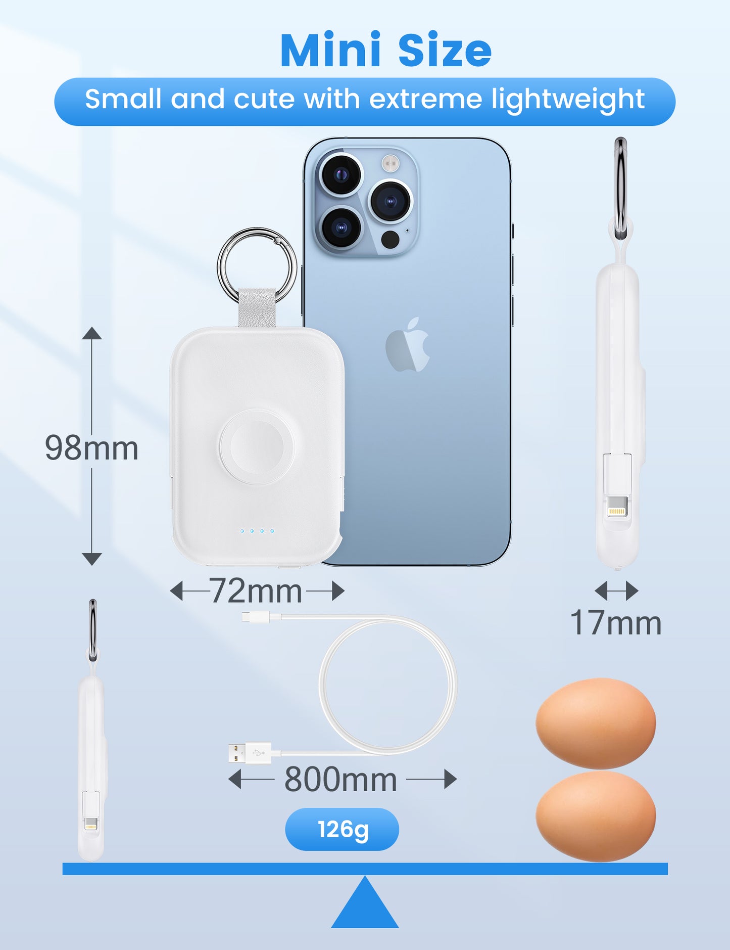 RORRY D2 5000mAh Portable Charger, Portable Charger Power Bank with Built-in Cables, Travel Keychain Battery Pack for Apple Watch Ultra 2/10/9/8/Ultra/7/6/SE/5, iPhone 16/15/14/13/12