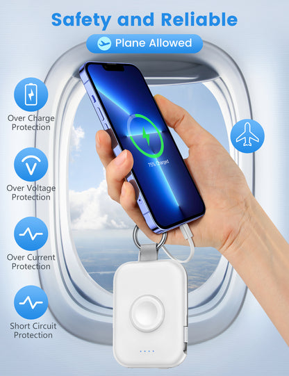 RORRY D2 5000mAh Portable Charger, Portable Charger Power Bank with Built-in Cables, Travel Keychain Battery Pack for Apple Watch Ultra 2/10/9/8/Ultra/7/6/SE/5, iPhone 16/15/14/13/12