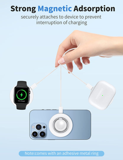 RORRY 3 in 1 Magnetic Wireless Charger, 15W Fast Charging Pad Phone Ring Holder, Μαg-Sαfe/Qi Wireless Charger Compatible with iPhone 12/13/14/15, Apple Watch 9/Ultra2/8/7/6/5/4/3/SE/Ultra,(White)